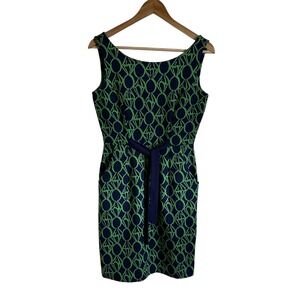 Lilly Pulitzer‎ Sleeveless Belted Dress Pockets Green Blue Geometric S